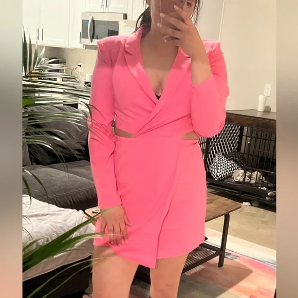 express pink blazer dress Double Breasted Padded Shoulder Mini Blazer Dress